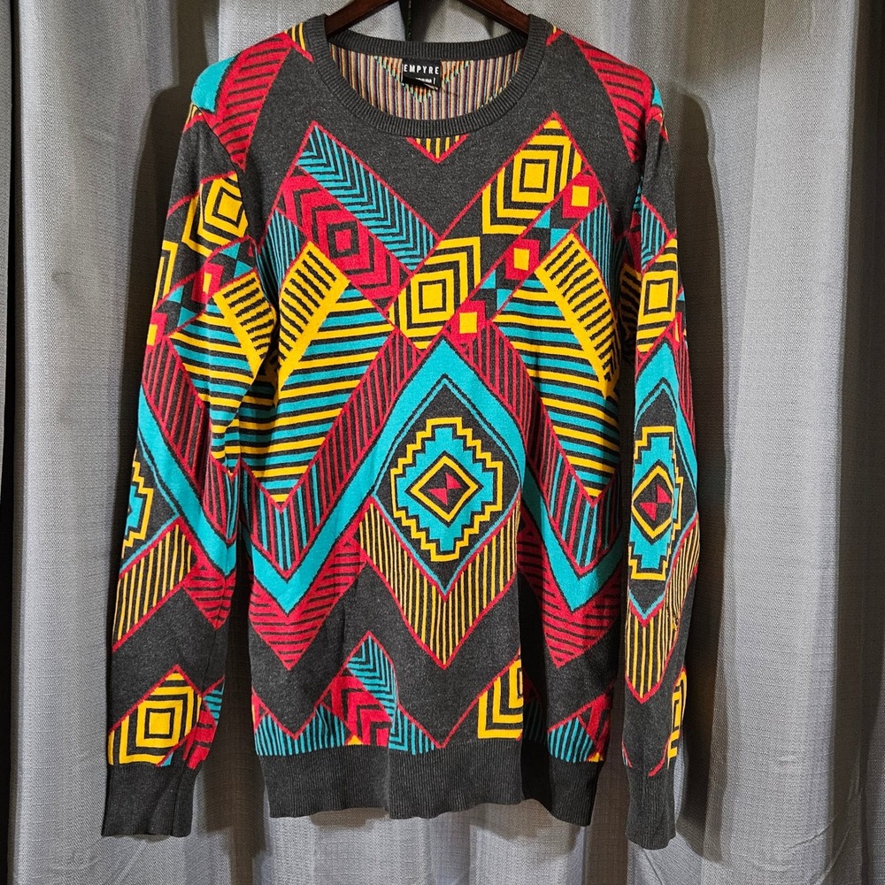 Empyre Mens Geometric Aztec Knit Sweater Medium Grey Red Teal Crewneck‎